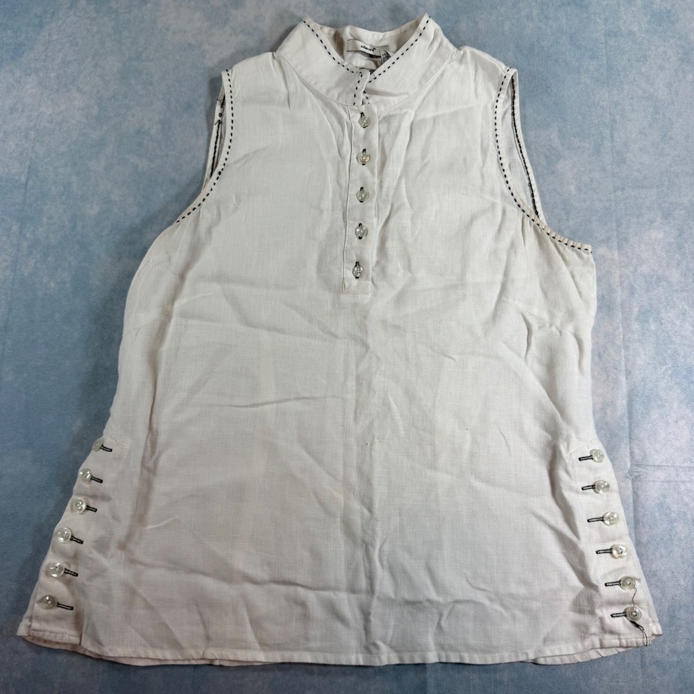 Edward Irish Linen Sleeveless Blouse Women 4 White Pick Stitch Side Button